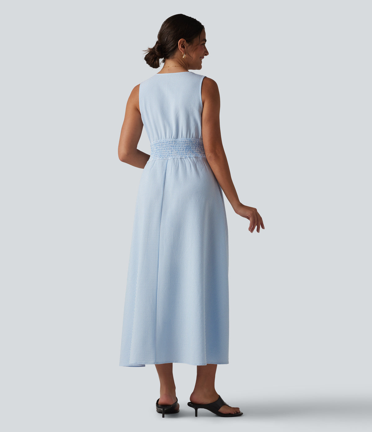 V Neck Sleeveless Stripe Midi Dress with Pockets — Azure White Stripe — view 2