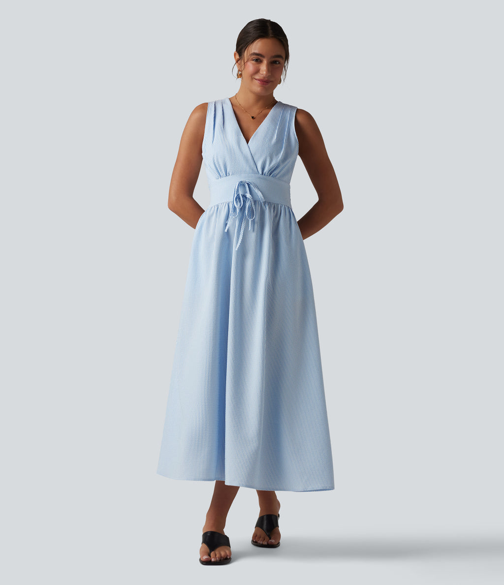 V Neck Sleeveless Stripe Midi Dress with Pockets — Azure White Stripe — view 3
