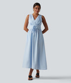 V Neck Sleeveless Stripe Midi Dress with Pockets — Azure White Stripe — view 3