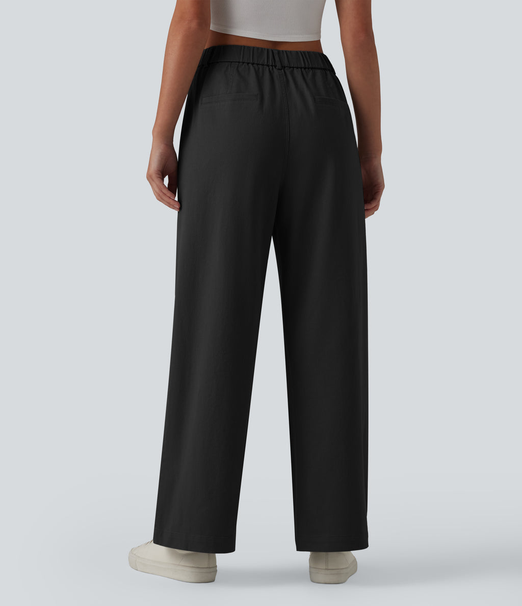High Waisted Straight Leg Work Chino Cotton Trousers with Pockets — Black — view 2