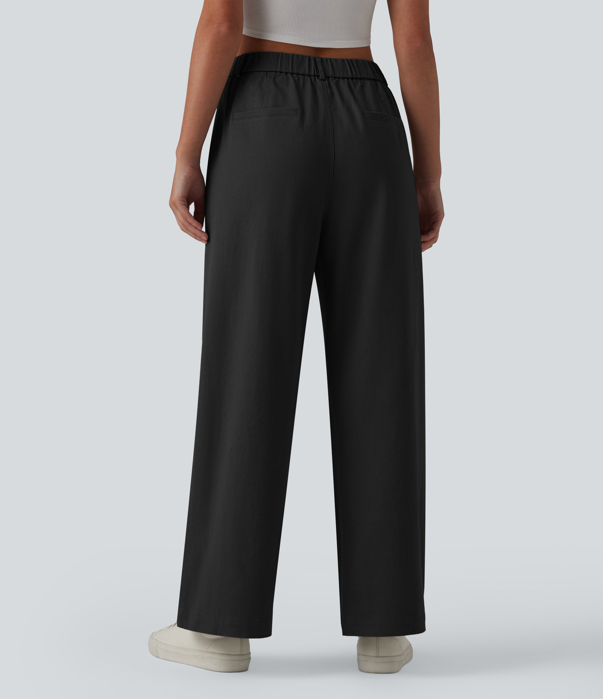 High Waisted Straight Leg Work Chino Cotton Trousers with Pockets — Black — view 2
