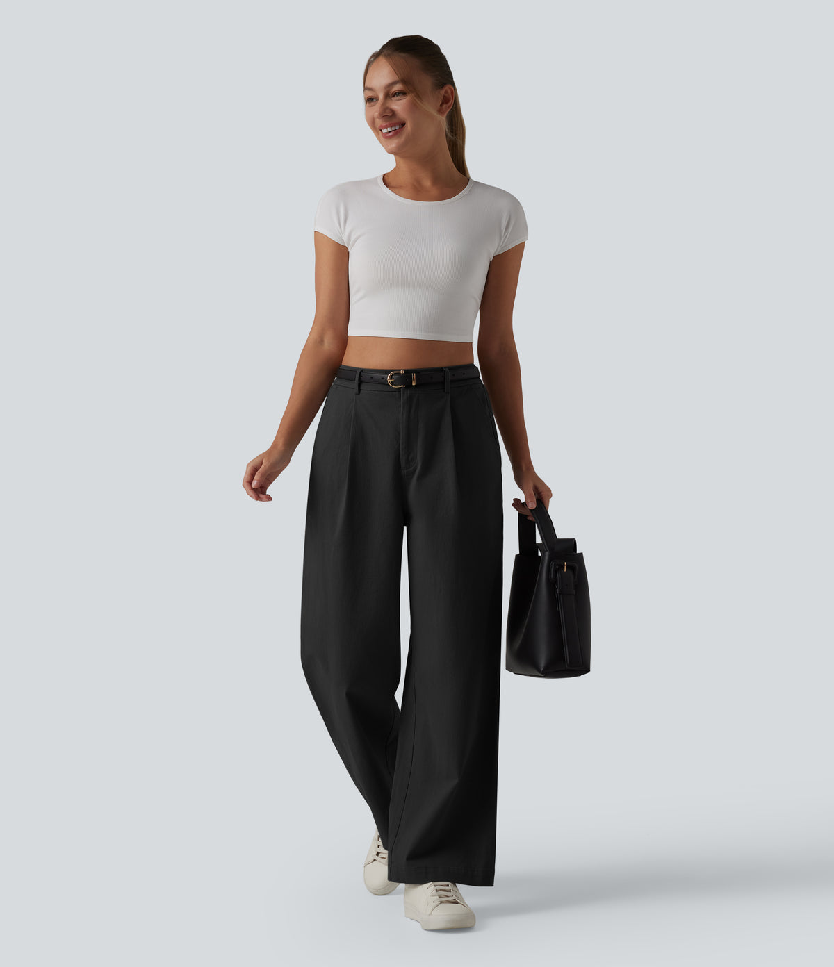 High Waisted Straight Leg Work Chino Cotton Trousers with Pockets — Black — view 6