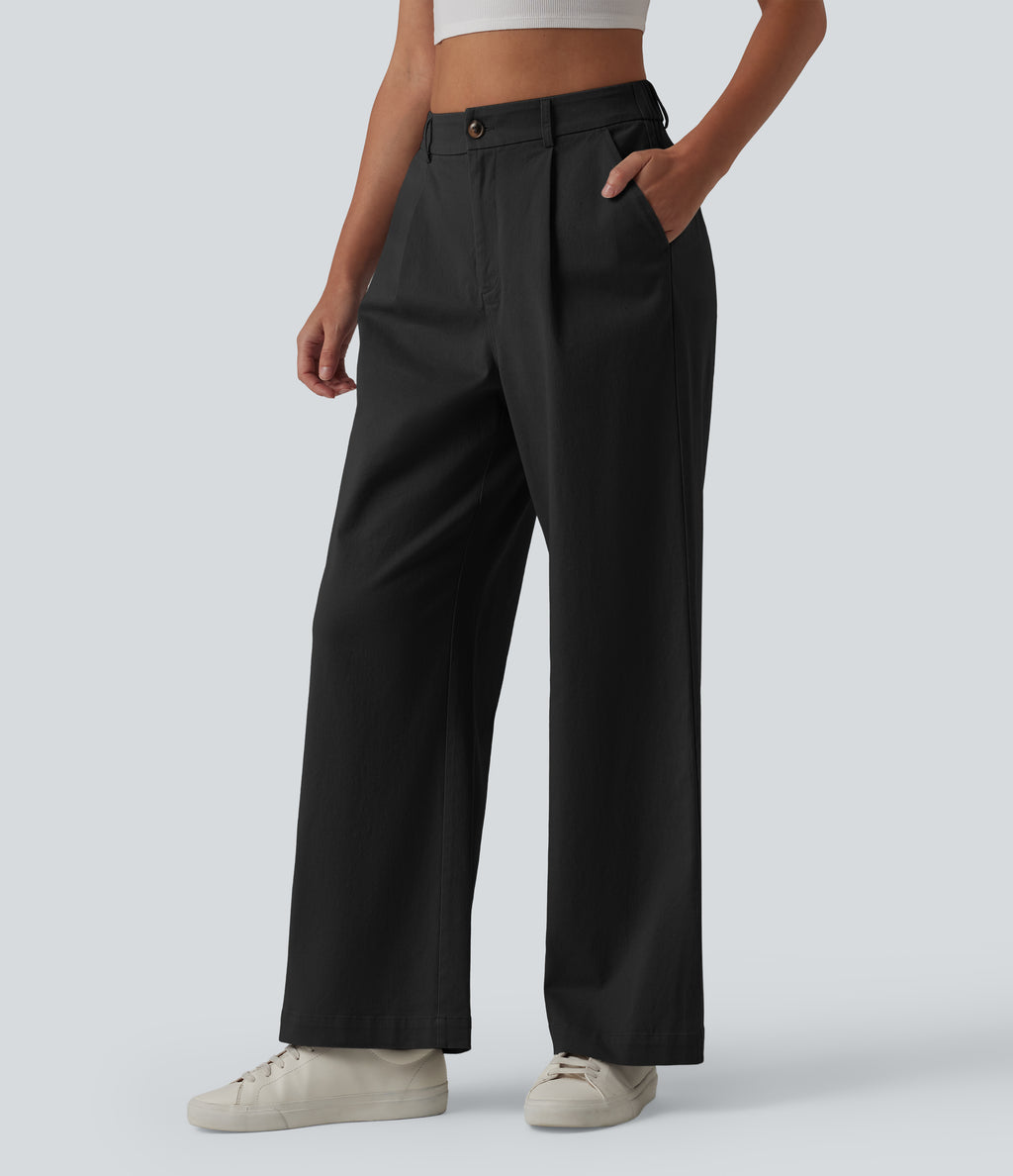 High Waisted Straight Leg Work Chino Cotton Trousers with Pockets — Black — view 3