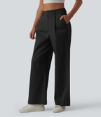 High Waisted Straight Leg Work Chino Cotton Trousers with Pockets — Black — view 3