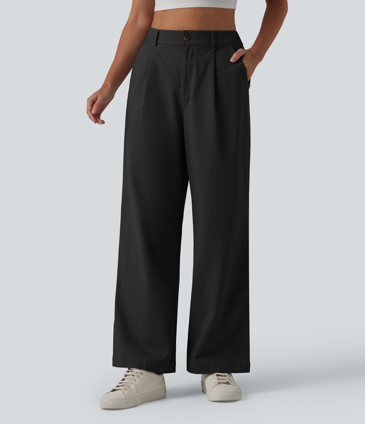High Waisted Straight Leg Work Chino Cotton Trousers with Pockets — Black — view 1