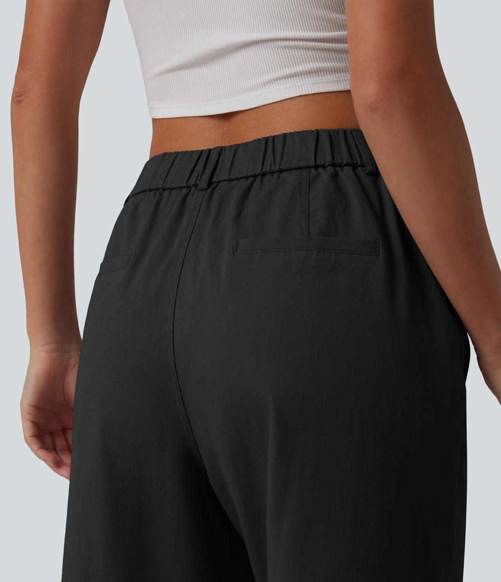 High Waisted Straight Leg Work Chino Cotton Trousers with Pockets — Black — view 5