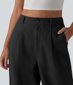 High Waisted Straight Leg Work Chino Cotton Trousers with Pockets — Black — view 4