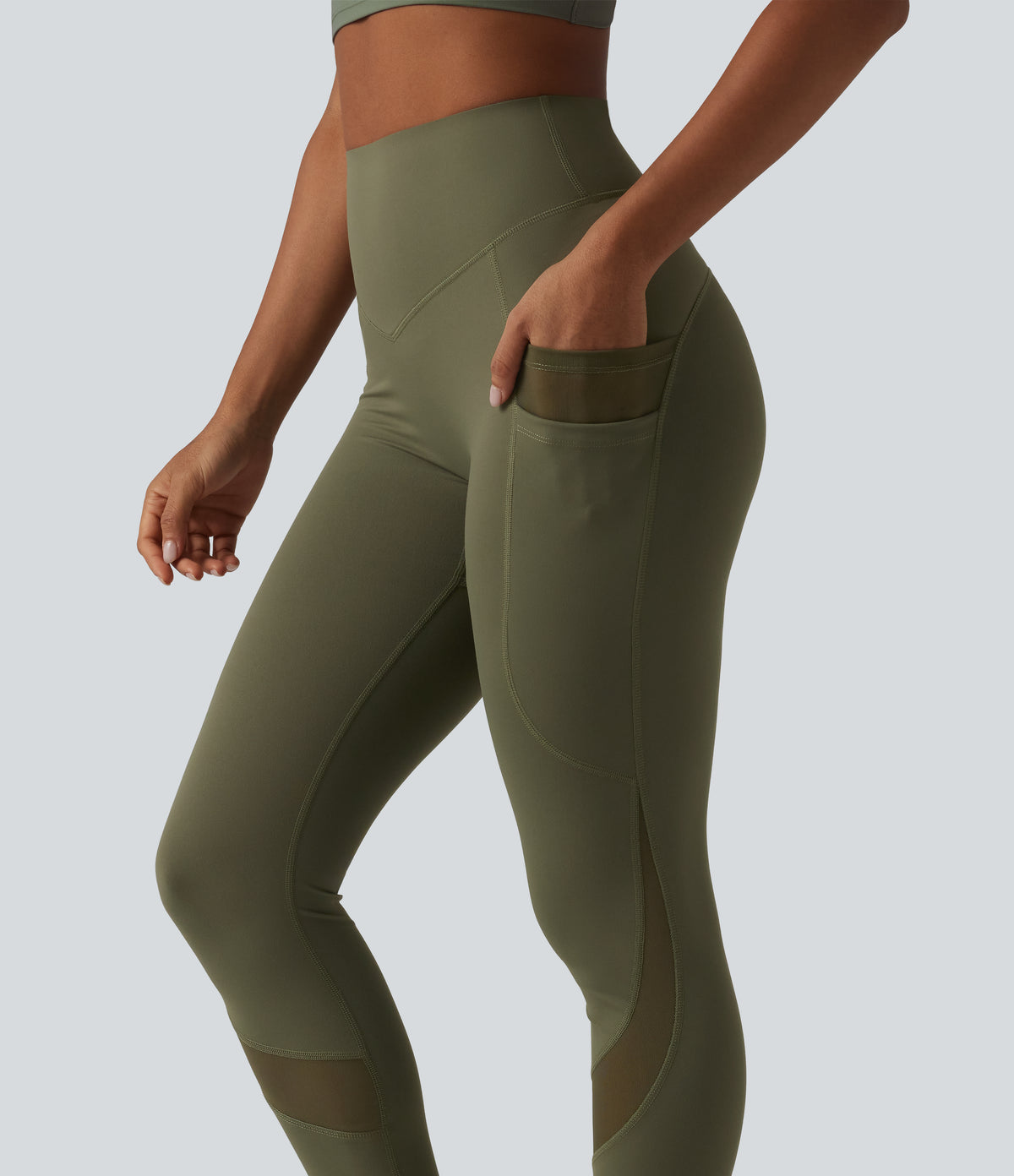 High Waisted Tummy Control Scrunch Contrast Mesh Training 7/8 Leggings with Pockets — Grass Grey Green — view 5