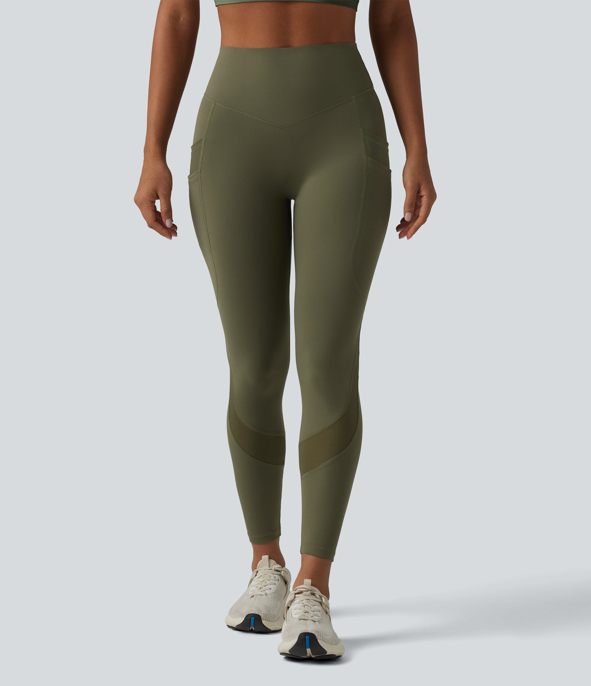 High Waisted Tummy Control Scrunch Contrast Mesh Training 7/8 Leggings with Pockets — Grass Grey Green — view 3