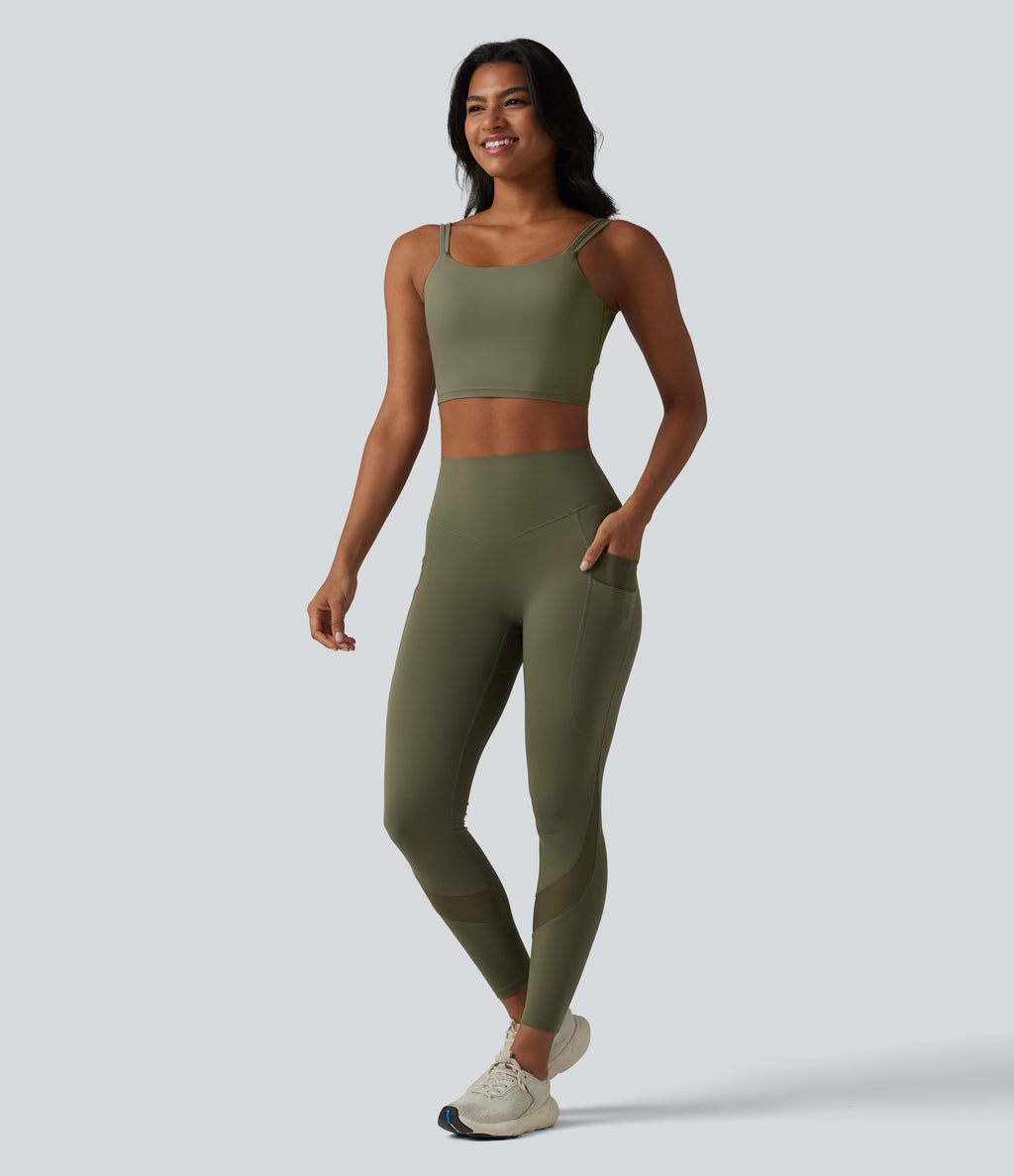 High Waisted Tummy Control Scrunch Contrast Mesh Training 7/8 Leggings with Pockets — Grass Grey Green — view 7