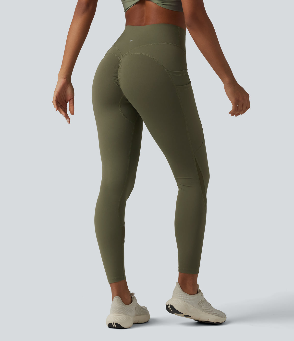High Waisted Tummy Control Scrunch Contrast Mesh Training 7/8 Leggings with Pockets — Grass Grey Green — view 2