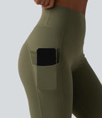 High Waisted Tummy Control Scrunch Contrast Mesh Training 7/8 Leggings with Pockets — Grass Grey Green — view 4