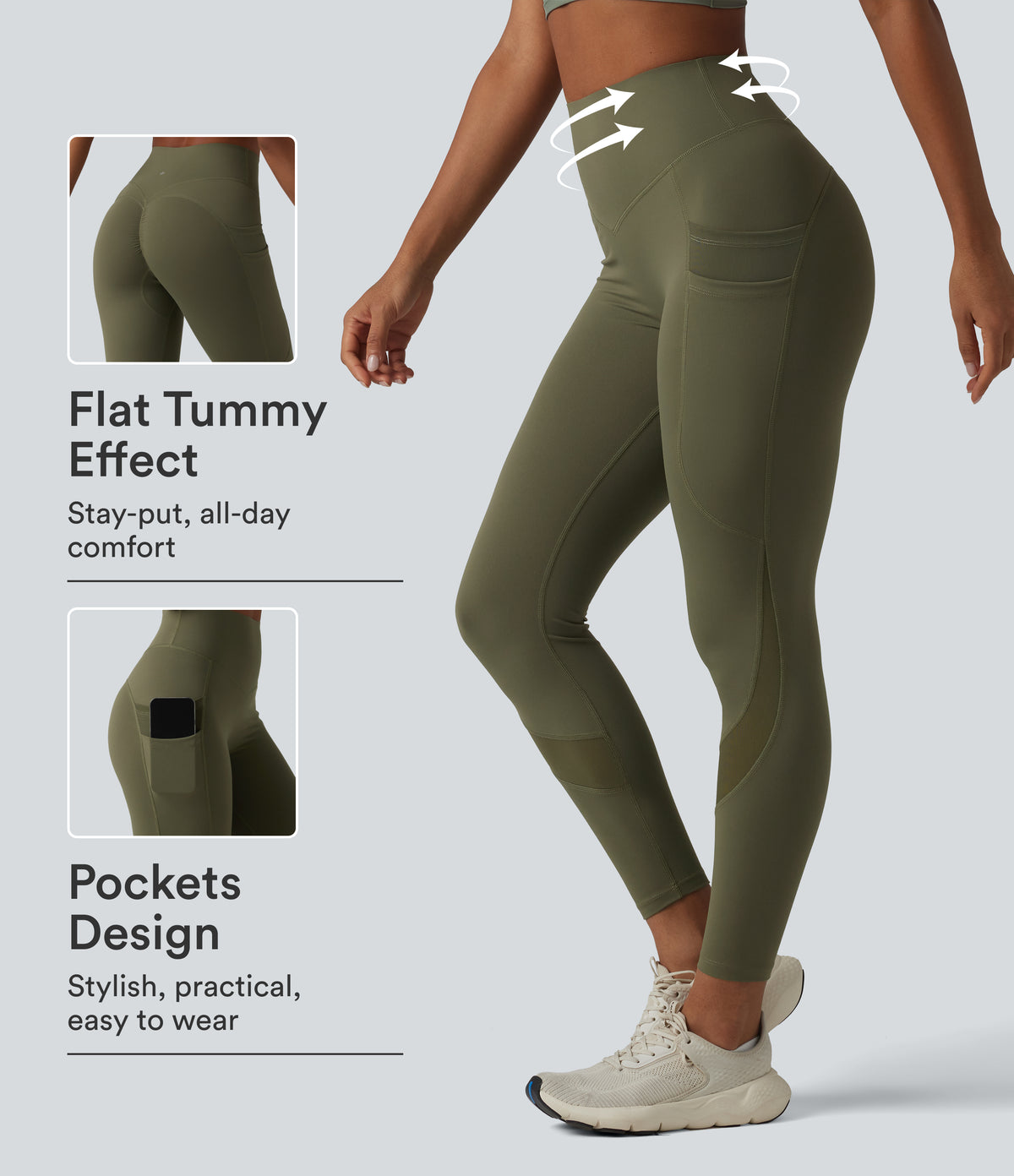 High Waisted Tummy Control Scrunch Contrast Mesh Training 7/8 Leggings with Pockets — Grass Grey Green — view 1