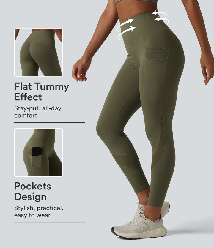 High Waisted Tummy Control Scrunch Contrast Mesh Training 7/8 Leggings with Pockets — Grass Grey Green — view 1