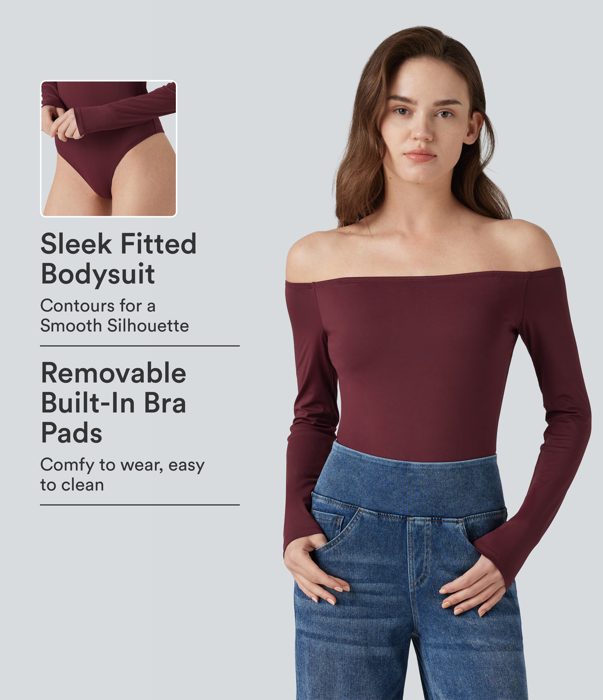 Off-Shoulder Long Sleeve Removable Straps Built-in Bra Casual Bodysuit — Chocolate Truffle — view 1
