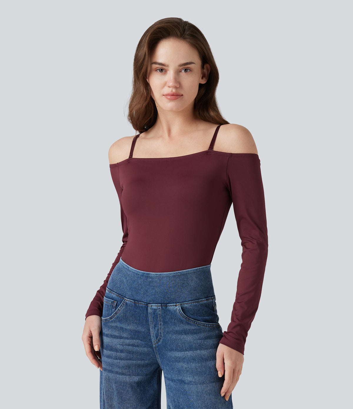 Off-Shoulder Long Sleeve Removable Straps Built-in Bra Casual Bodysuit — Chocolate Truffle — view 4