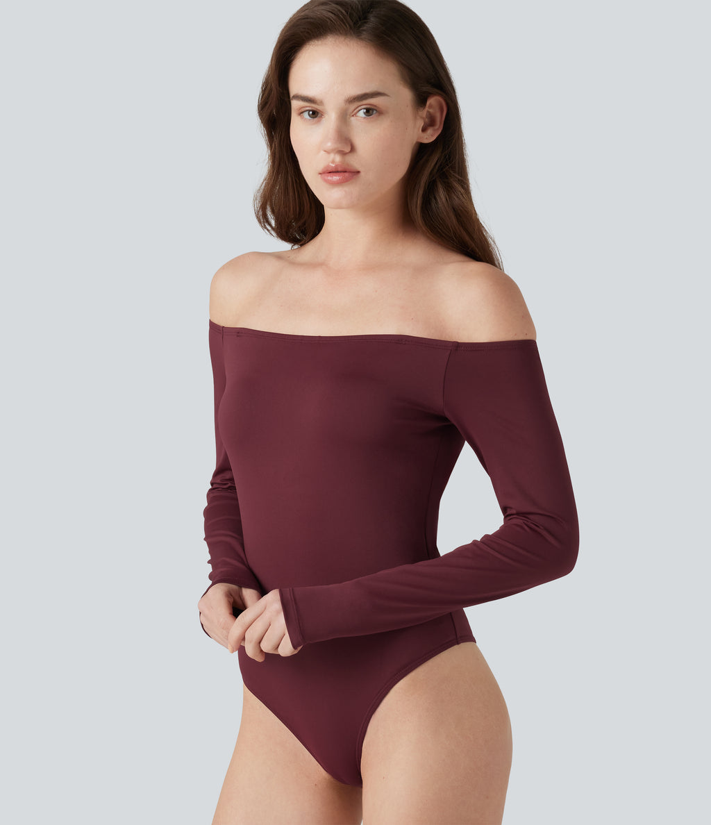 Off-Shoulder Long Sleeve Removable Straps Built-in Bra Casual Bodysuit — Chocolate Truffle — view 7