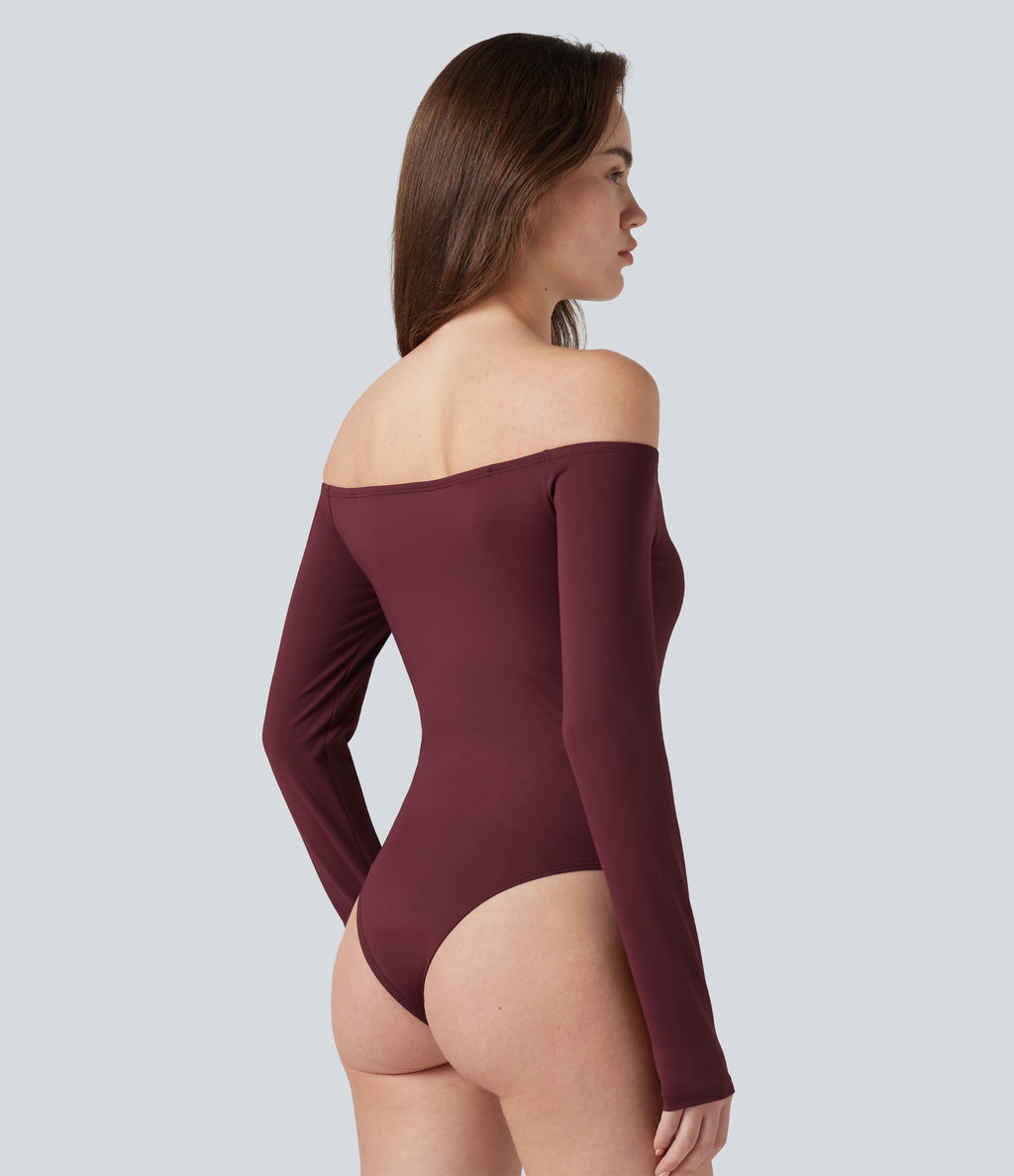 Off-Shoulder Long Sleeve Removable Straps Built-in Bra Casual Bodysuit — Chocolate Truffle — view 8