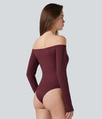 Off-Shoulder Long Sleeve Removable Straps Built-in Bra Casual Bodysuit — Chocolate Truffle — view 8