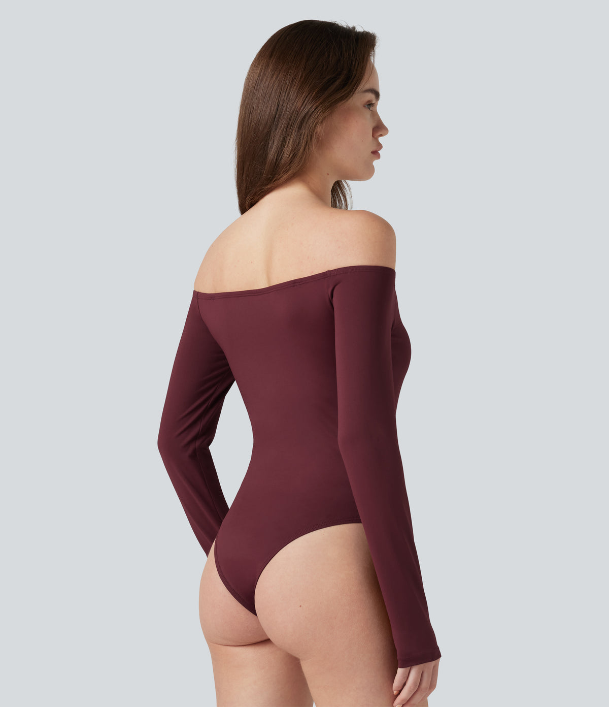 Off-Shoulder Long Sleeve Removable Straps Built-in Bra Casual Bodysuit — Chocolate Truffle — view 8