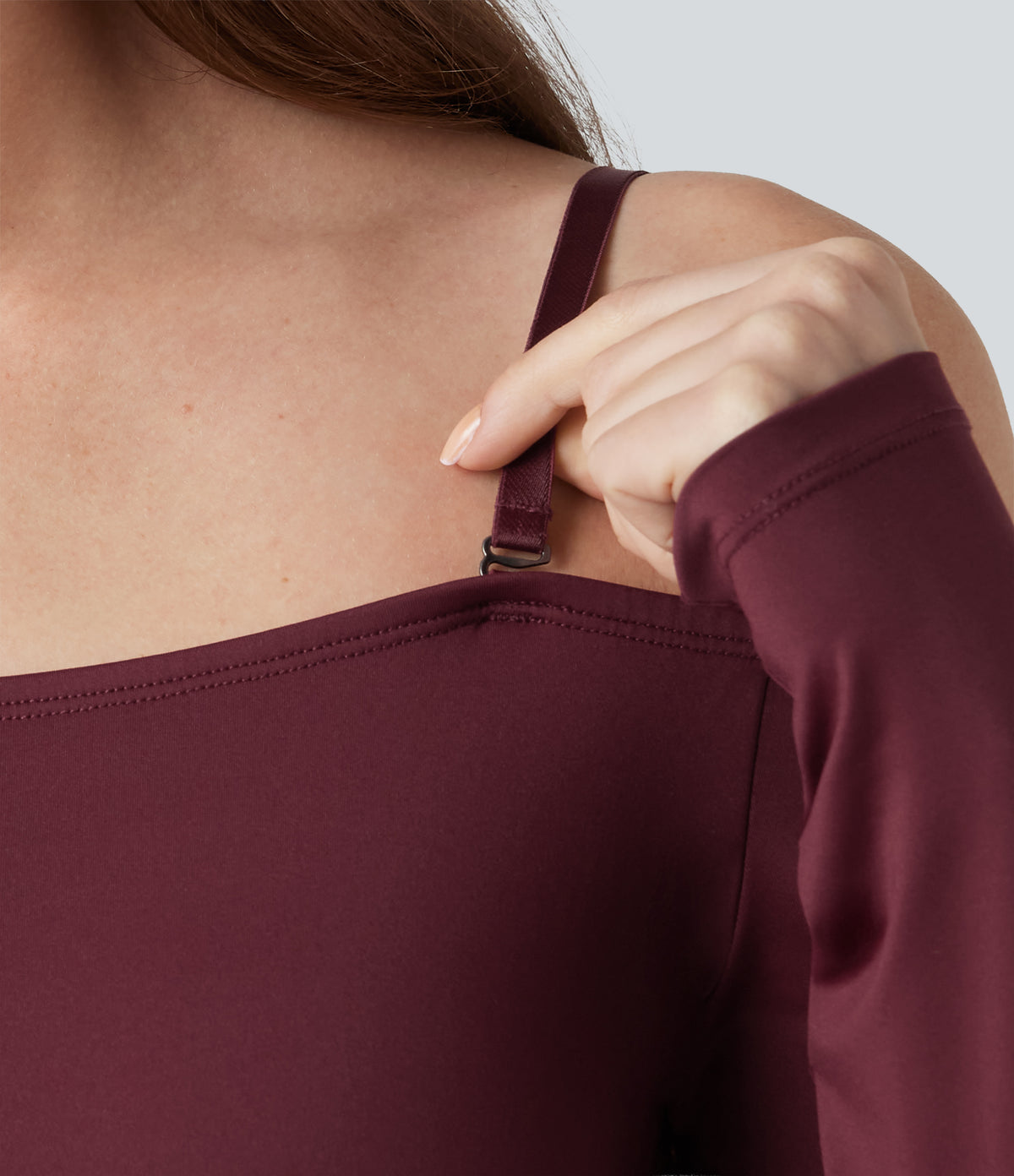 Off-Shoulder Long Sleeve Removable Straps Built-in Bra Casual Bodysuit — Chocolate Truffle — view 5