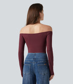 Off-Shoulder Long Sleeve Removable Straps Built-in Bra Casual Bodysuit — Chocolate Truffle — view 2