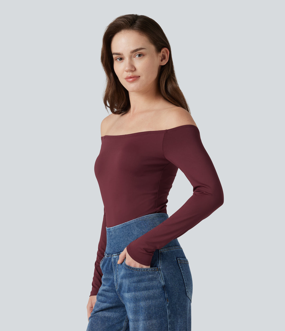 Off-Shoulder Long Sleeve Removable Straps Built-in Bra Casual Bodysuit — Chocolate Truffle — view 3