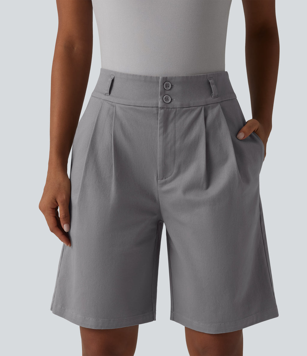 High Waisted Straight Leg Work Chino Cotton Shorts with Pockets — Gull — view 4