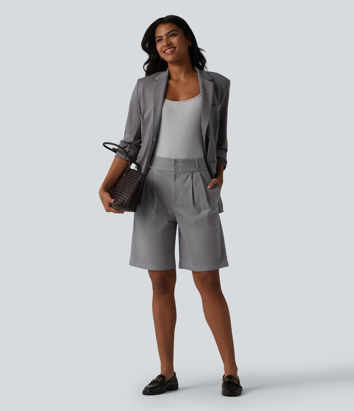 High Waisted Straight Leg Work Chino Cotton Shorts with Pockets — Gull — view 6