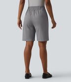 High Waisted Straight Leg Work Chino Cotton Shorts with Pockets — Gull — view 2