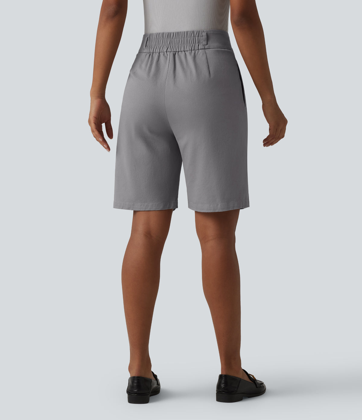High Waisted Straight Leg Work Chino Cotton Shorts with Pockets — Gull — view 2