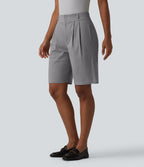 High Waisted Straight Leg Work Chino Cotton Shorts with Pockets — Gull — view 3