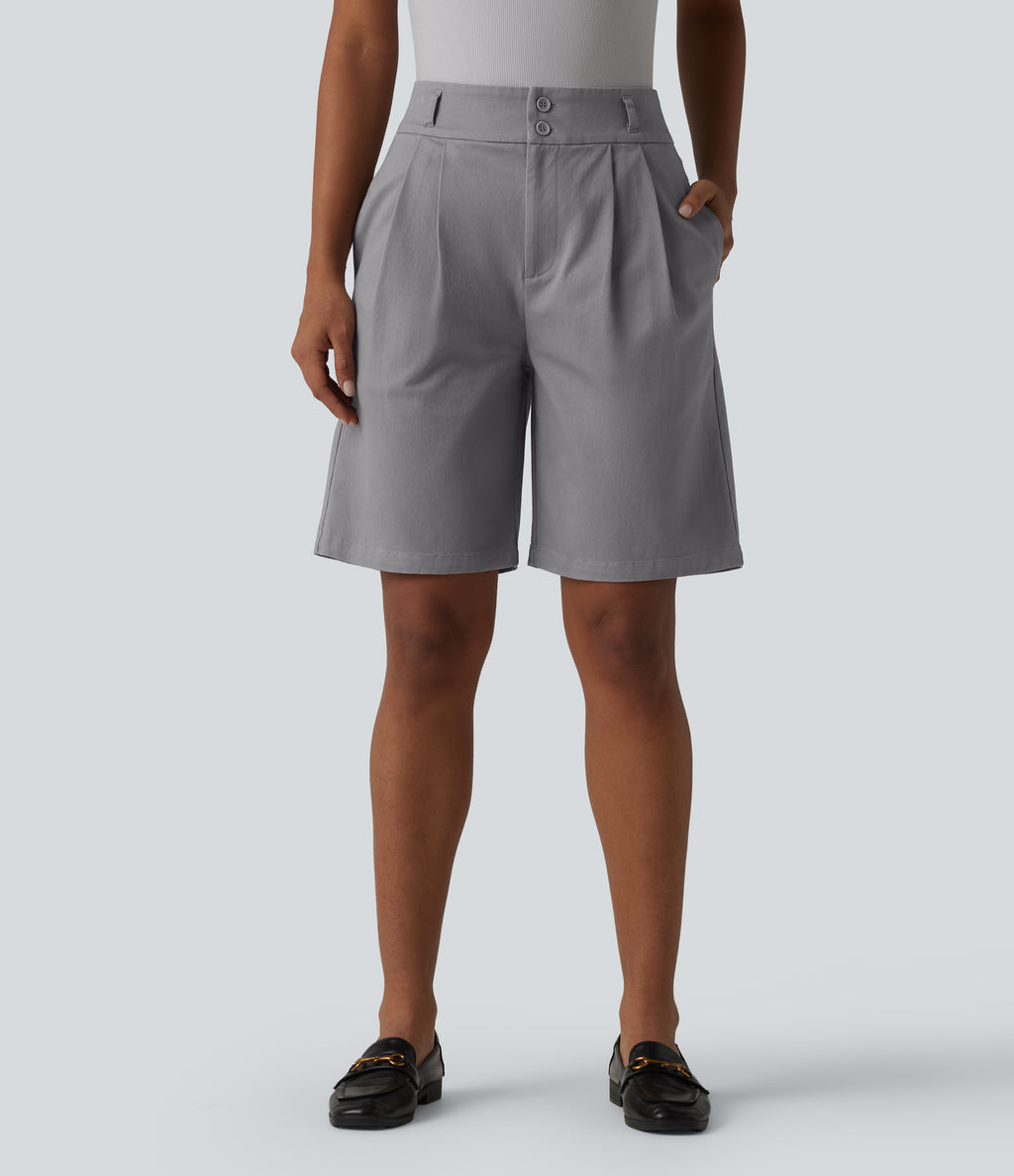 High Waisted Straight Leg Work Chino Cotton Shorts with Pockets — Gull — view 1