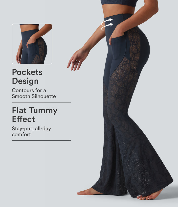 High Waisted Tummy Control Contrast Lace Yoga Flare Leggings with Pockets — Carbon — view 1