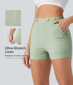 High Waisted Casual Stretch Linen Shorts 3'' with Pockets — Mist Meadow Green — view 1