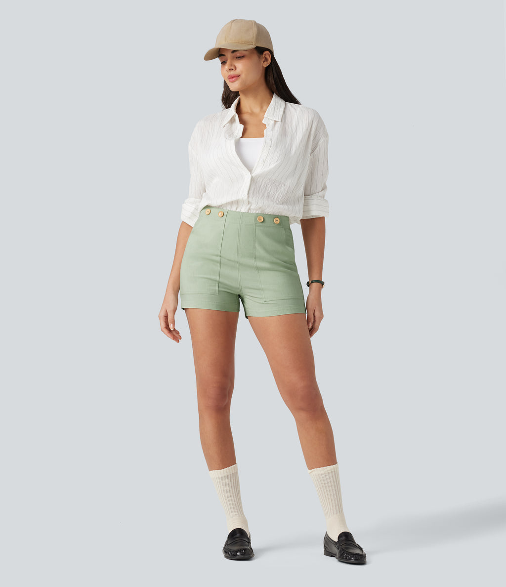 High Waisted Casual Stretch Linen Shorts 3'' with Pockets — Mist Meadow Green — view 7