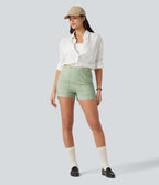 High Waisted Casual Stretch Linen Shorts 3'' with Pockets — Mist Meadow Green — view 7