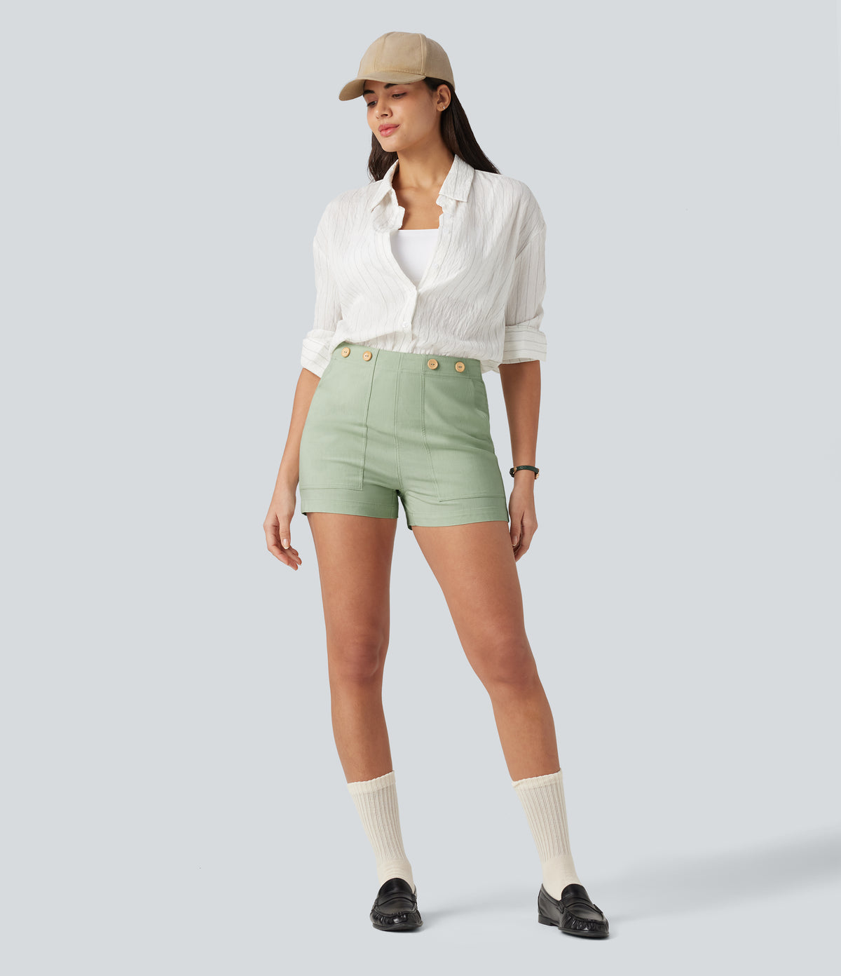 High Waisted Casual Stretch Linen Shorts 3'' with Pockets — Mist Meadow Green — view 7