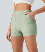 High Waisted Casual Stretch Linen Shorts 3'' with Pockets — Mist Meadow Green — view 4
