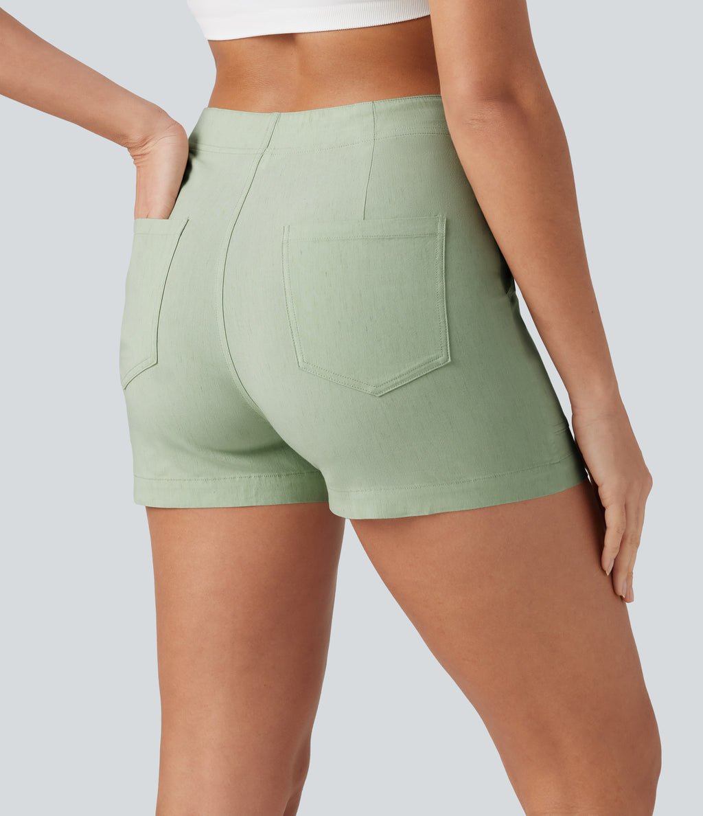 High Waisted Casual Stretch Linen Shorts 3'' with Pockets — Mist Meadow Green — view 5