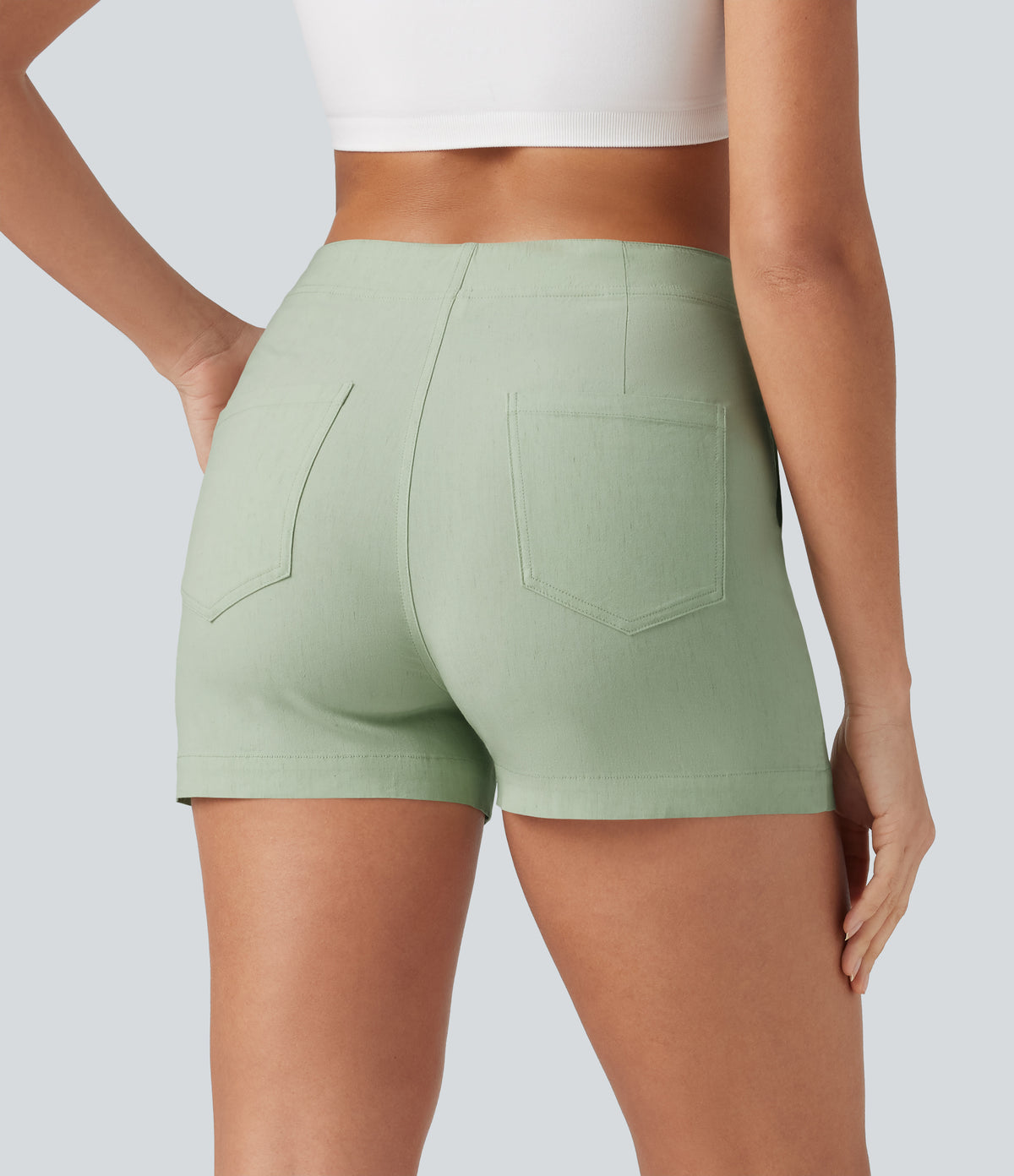 High Waisted Casual Stretch Linen Shorts 3'' with Pockets — Mist Meadow Green — view 2