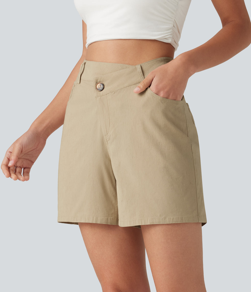 High Waisted Crossover Casual Stretch Linen Shorts 5'' with Pockets — Oatfield Cream — view 3