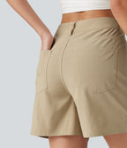 High Waisted Crossover Casual Stretch Linen Shorts 5'' with Pockets — Oatfield Cream — view 4