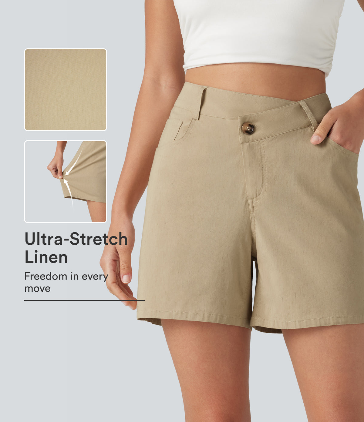 High Waisted Crossover Casual Stretch Linen Shorts 5'' with Pockets — Oatfield Cream — view 1