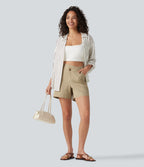 High Waisted Crossover Casual Stretch Linen Shorts 5'' with Pockets — Oatfield Cream — view 7