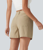 High Waisted Crossover Casual Stretch Linen Shorts 5'' with Pockets — Oatfield Cream — view 2
