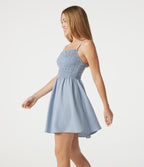 Adjustable Straps Shirred Longer Mini Casual Slip Dress — Niagara Mist — view 3