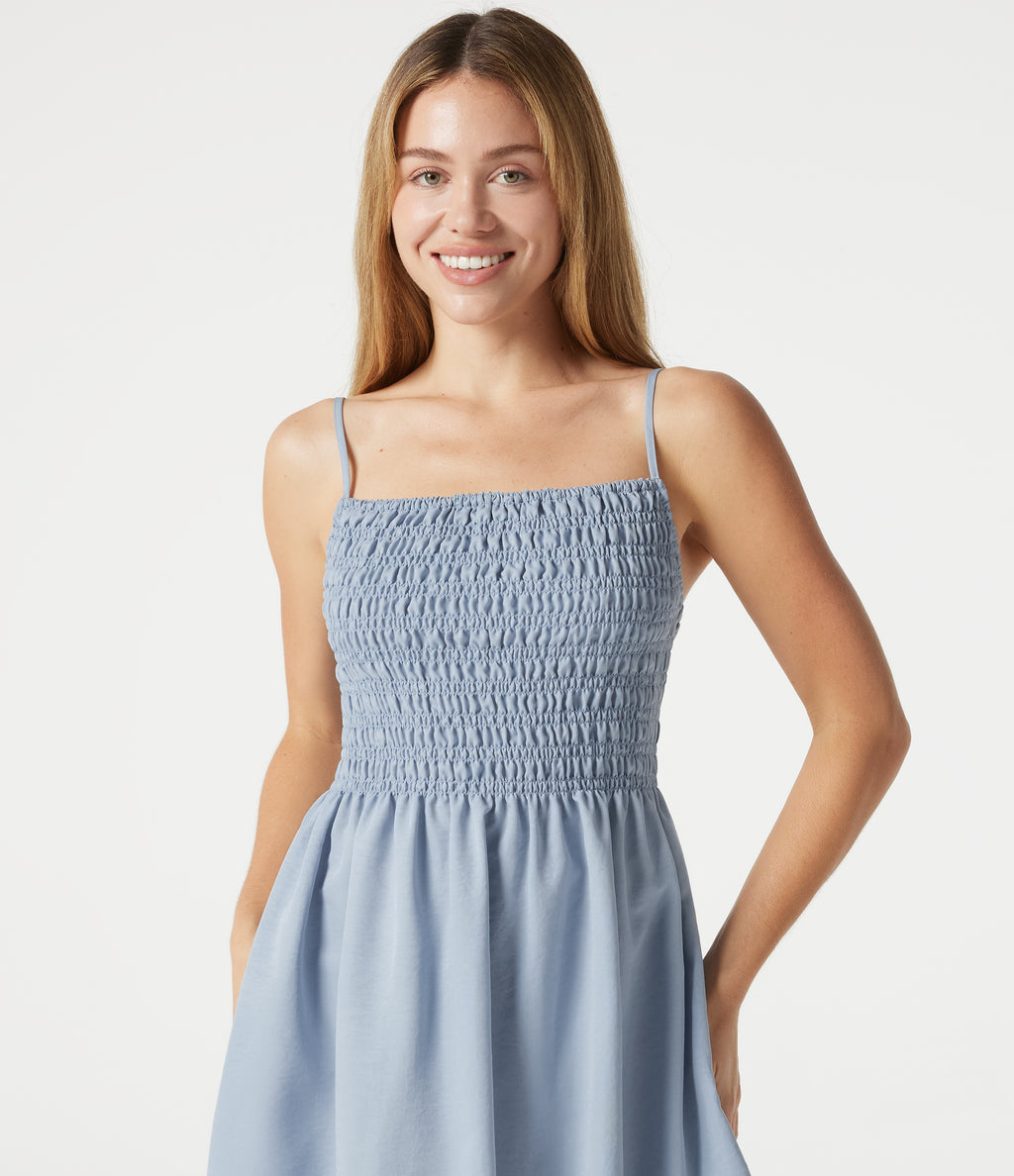 Adjustable Straps Shirred Longer Mini Casual Slip Dress — Niagara Mist — view 4