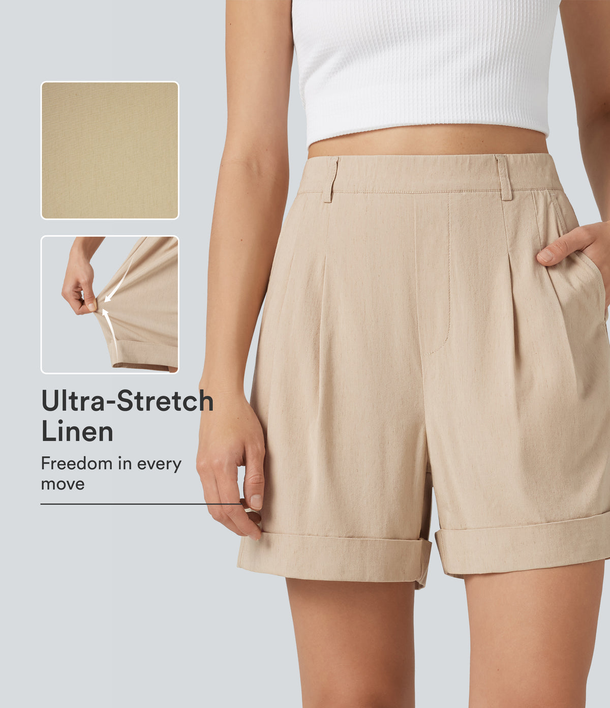 High Waisted Baggy Casual Stretch Linen Shorts 4'' with Pockets — Oatfield Cream — view 1