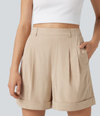 High Waisted Baggy Casual Stretch Linen Shorts 4'' with Pockets — Oatfield Cream — view 4